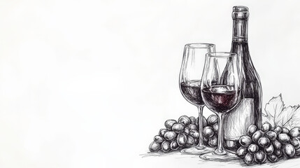 Aesthetic ink sketch of wine bottle and glasses with grapes. Copy space. Winery invitation. Generative AI