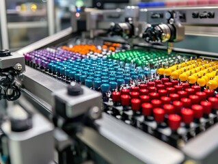 Obraz premium Colorful Array of Laboratory Vials in Modern Automated System Showcasing High-Tech Pharmaceutical Manufacturing Process and Precision Engineering