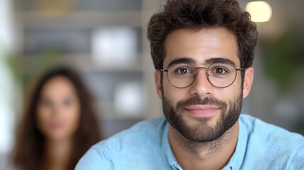 Fototapeta premium Portrait of a Smiling Young Professional Businessman with Glasses and Casual Attire Exuding Confidence and Positive Attitude in a Corporate Office Setting