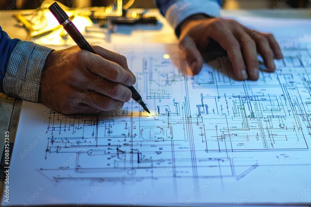 Poster detailed architectural blueprint analysis with hands holding a pen in a constructive environment, il