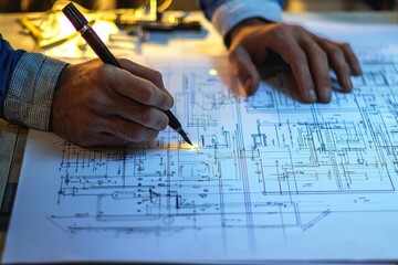 Detailed Architectural Blueprint Analysis with Hands Holding a Pen in a Constructive Environment, Illustrating Design Precision and Technical Skill in Engineering Projects