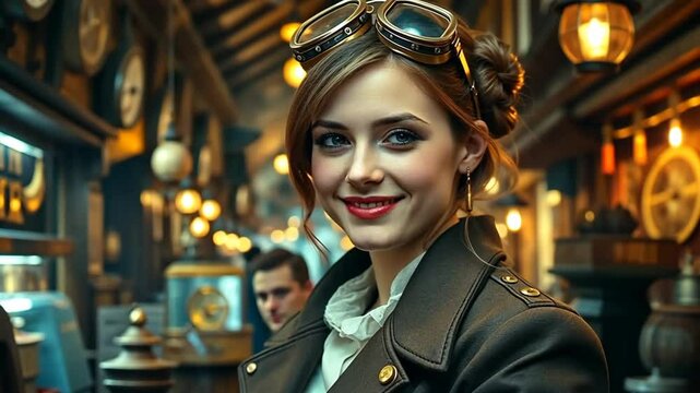 Portrait of a young woman in a steampunk style. She is smiling, wearing goggles and a leather jacket.