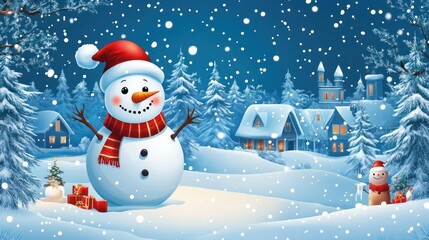 Fototapeta premium Merry christmas and happy new year greeting card with copy-space.Happy snowman standing in christmas landscape.Snow background.Winter fairytale.