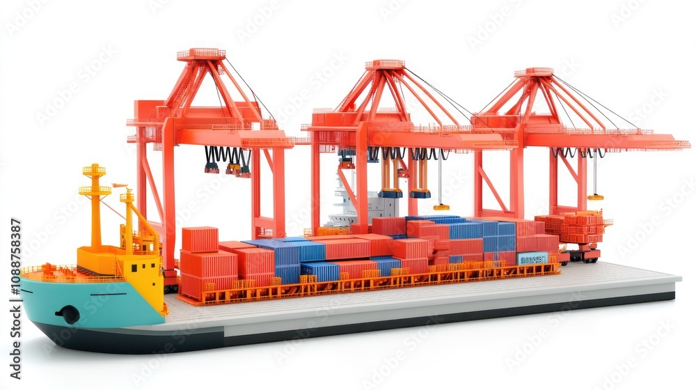 Poster A colorful model of a cargo ship at a shipping terminal with containers and cranes.