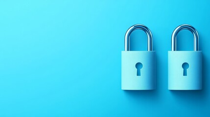 Fototapeta premium Two blue padlocks on a bright blue background, symbolizing security and protection.