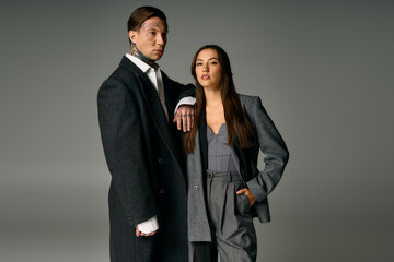 A chic young couple stands together, showcasing their stylish outfits and confident demeanor.