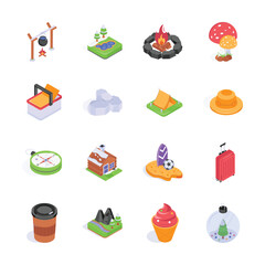A collection of colorful isometric icons representing various travel and camping essentials