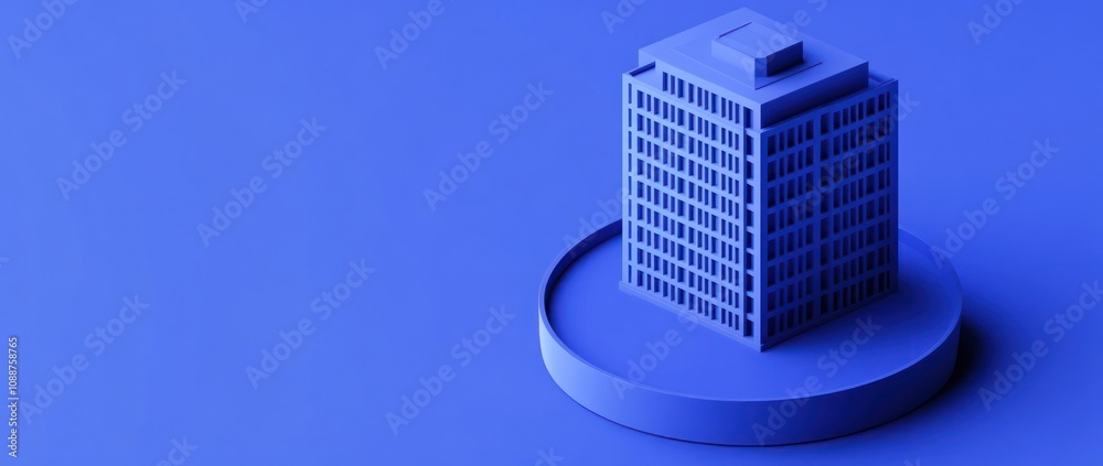 Poster a stylized blue building model on a circular base, suggesting a modern architectural design.
