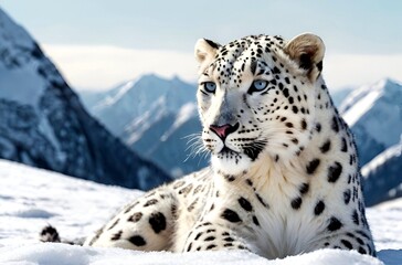 Fototapeta premium Solitary Snow Leopard Stands Guard on Frozen Summit