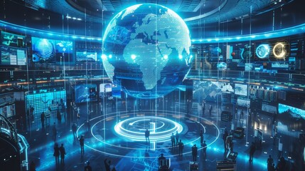 Futuristic digital art depicting financial technology with 3d hologram in a tech savvy environment