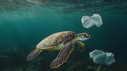 Fototapeta premium Sea Turtle Swims Amidst Plastic Pollution in Underwater Scene