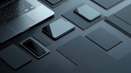 A sleek technology background featuring devices like smartphones and laptops integrated into the design