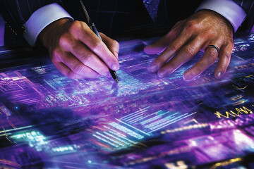 A businessman's hand using a stylus to interact with a futuristic holographic display.