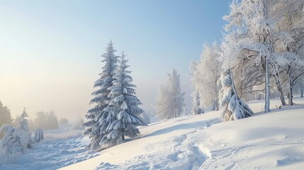 Fototapeta premium A snowy winter landscape with a pathway through a frost-covered forest.