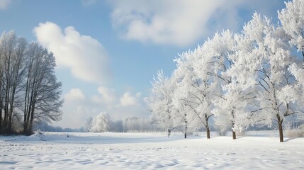 Obraz premium A snowy winter landscape with frost-covered trees.