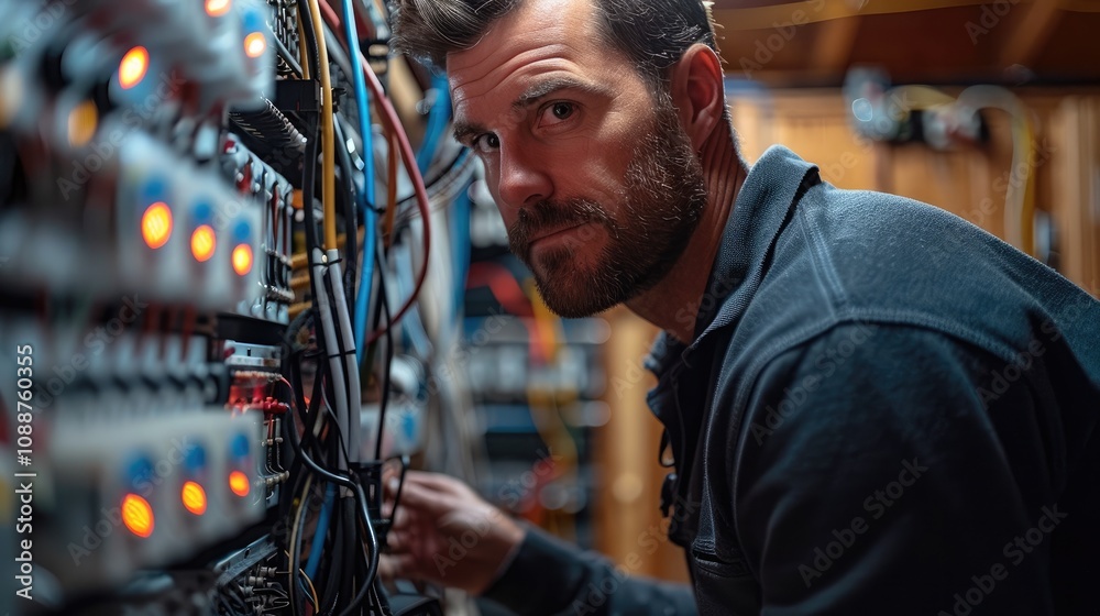 Aufkleber an electrician in the process of setting up cables and equipment for a home theater.
