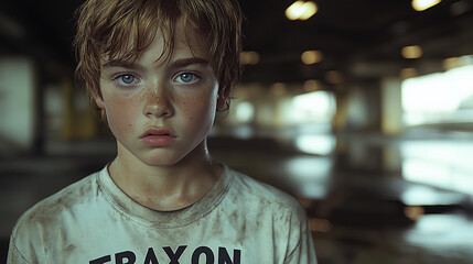 Freckled boy in dirty shirt with serious look in urban setting.