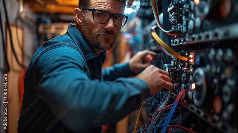 Aufkleber an electrician in the process of setting up cables and equipment for a home theater.