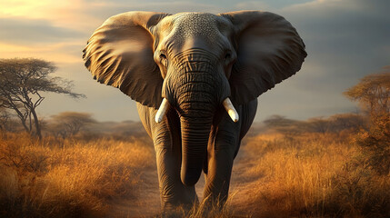 Obraz premium Majestic African Elephant Walks Towards the Sunset in Golden Savanna Grassland