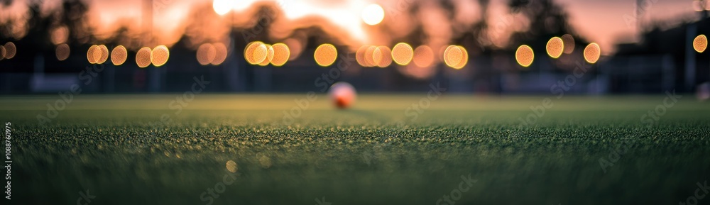 Poster A close-up view of a soccer field with a ball and blurred lights in the background.