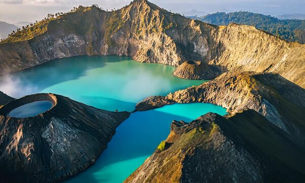 The jagged peaks and crater lake of the volcano