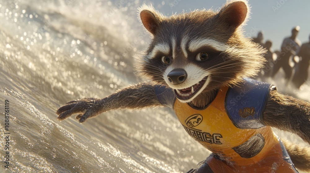 Poster a raccoon character surfing on a wave, showcasing action and excitement.