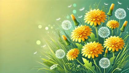 Bright Yellow Dandelion Flowers in Spring Meadow