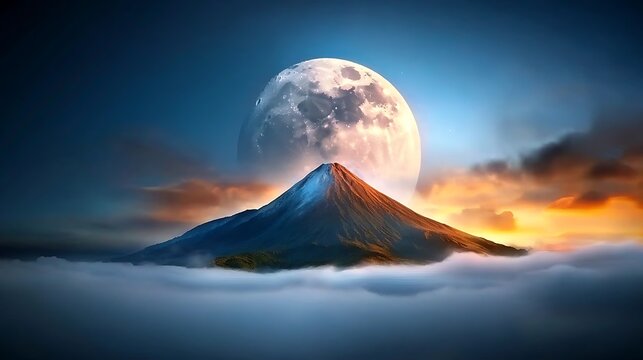 A dramatic surreal landscape depicting a volcanic eruption under an ethereal moody moonlit sky The glowing lava and billowing smoke from the erupting mountain contrasts with the serene