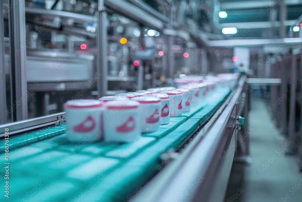Poster modern automated production line featuring ice cream containers in a factory setting with advanced m