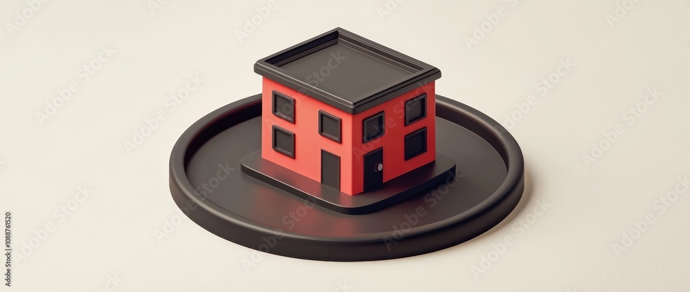 Poster a stylized, minimalist house model displayed on a circular base.