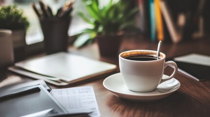 Obraz premium Productive businesswoman planning marketing campaign with coffee in office