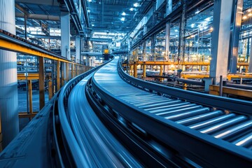 Fototapeta premium Industrial Conveyor System in a Modern Manufacturing Facility with Bright Lighting and Smoothly Curving Track for Efficient Product Transportation and Processing