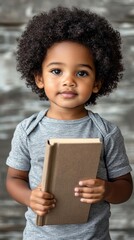 Fototapeta premium Adorable young child with curly afro hair holding a book, looking thoughtfully at the camera. Innocence and curiosity shine through their expressive eyes.