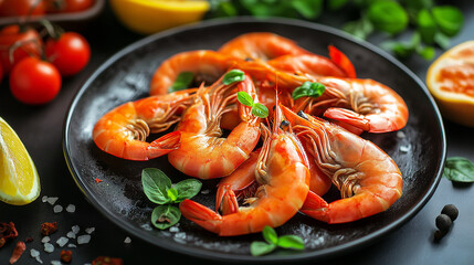 Fresh prawns garnished with basil on a black plate.