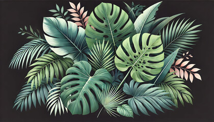 Tropical Leaves Arrangement on Dark Background