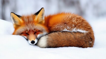 red fox curled up tightly in a snowy clearing