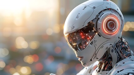 Fototapeta premium Close up view of a futuristic humanoid robotic head with glowing luminescent eyes and a sleek metallic finish The minimalist geometric design and advanced