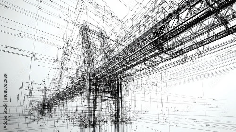 Poster detailed architectural wireframe of a bridge structure showcasing engineering precision and technica