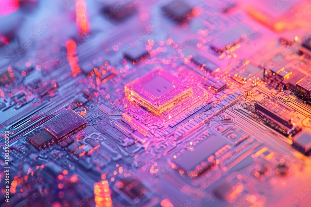 Poster abstract close-up of a colorful circuit board with glowing components and intricate patterns, reflec
