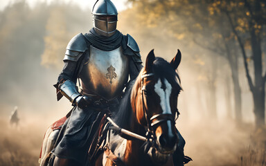 Knight in shining armour on horseback