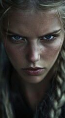 Portrait of a Strong Viking Woman with Braided Blonde Hair in Natural Light