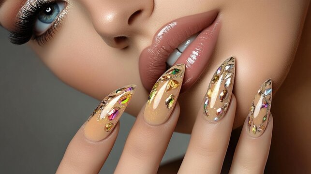 Glamorous close-up of a woman's face showcasing intricate nail art with gold accents and crystals, complemented by shimmering eye makeup and glossy lips.