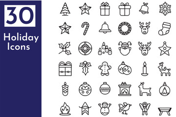 30 Christmas Festival Outline Icons Set - Perfect for Holiday Designs & Celebrations