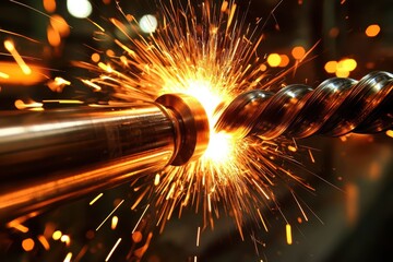 Close-Up of Metal Drill Bit Cutting Through Steel with Sparks Flying in an Industrial Workshop Environment at Night
