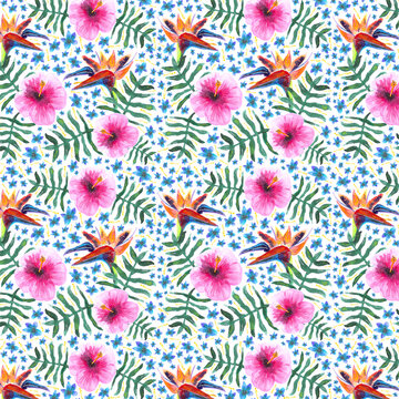 Tropical Flowers and leaves Watercolour Floral Pattern