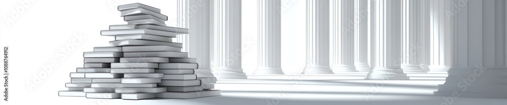 Poster a stack of white books beside classical columns in a bright, minimalist setting.
