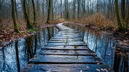 Fototapeta premium Wooden path through a swamp with trees reflected in water, quiet and mysterious, natural landscape with earthy tones, serene walkway