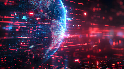 Fototapeta premium Digital Globe: A 3D Abstract Background of Red and Blue Data Streams Flowing Around a Planet