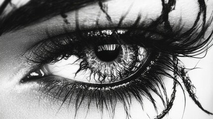 Fototapeta premium Close-up of a human eye with long lashes, monochrome detail, intense focus on the pupil and intricate patterns of the iris, emotional and mysterious mood