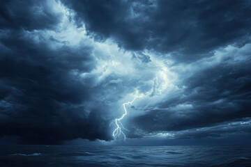Obraz premium Dramatic view of powerful lightning striking over a turbulent ocean under dark, ominous storm clouds, capturing the intense energy of nature's fury.